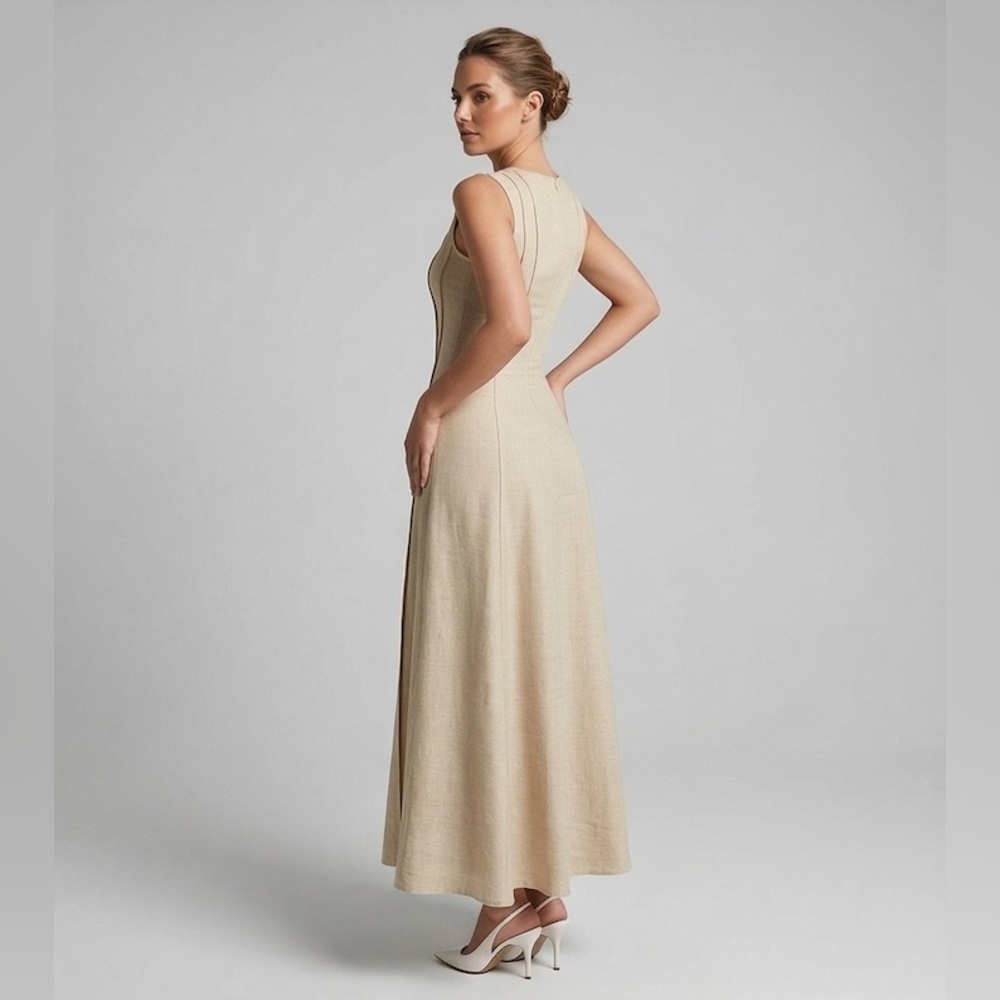 Split Pleated Waist A-Line Dress Beige - Picture 5 of 9